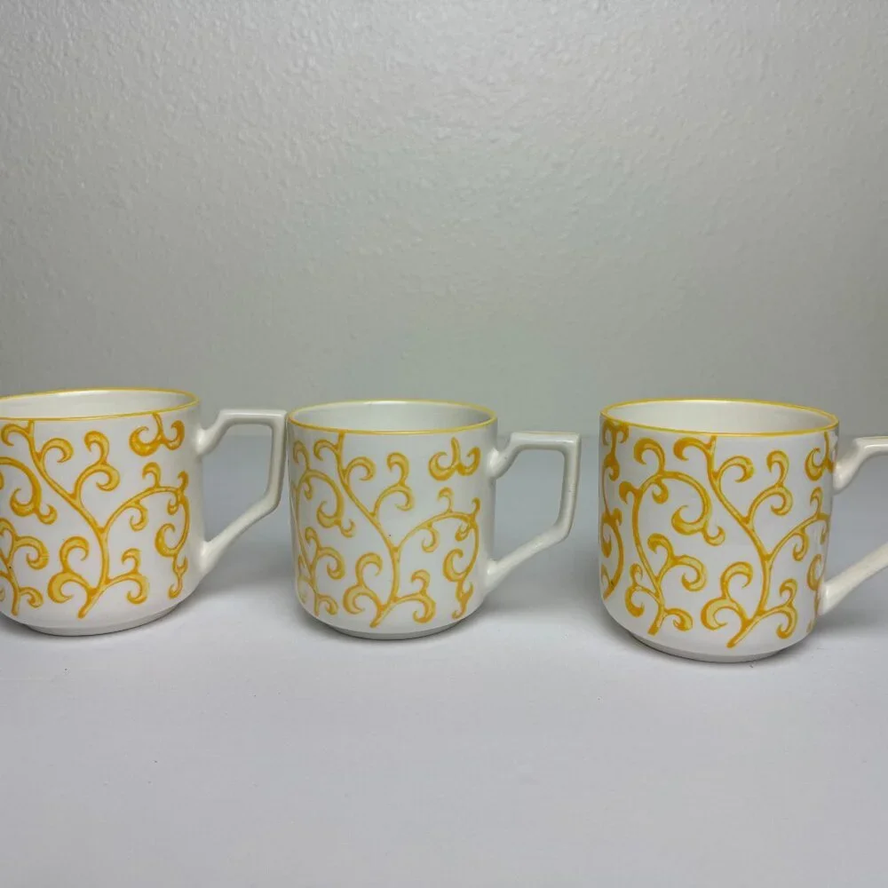 Pier 1 Imports Porcelain Coffee Cup Mug Yellow Pattern Set of 3